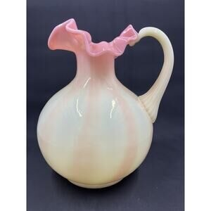 Fenton Yellow Pink Ruffled, 7” Tall, 6” Wide Pitcher Ewer Logo On Bottom Uranium
